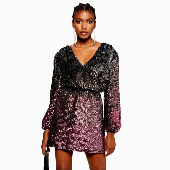 Topshop Dresses & Skirts - NEW Topshop ombré sequin wrap dress long sleeve